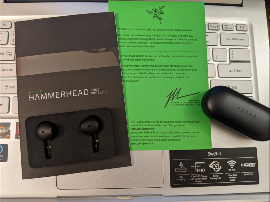 The contents of the packaging of the Razer Hammerhead earbuds. (Image by Tech4Gamers)