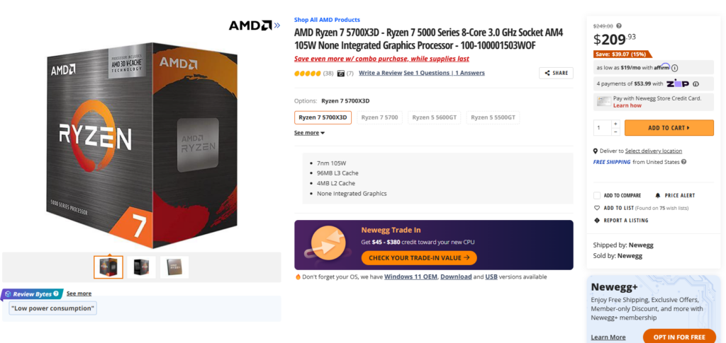 Ryzen 7 5700X3D Price on Newegg