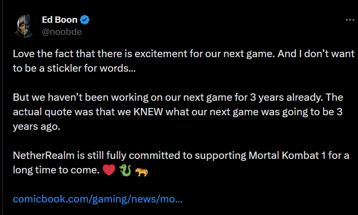 Mortal Kombat 1 will get to enjoy support for a long time due to NetherRealm's complete focus on it.