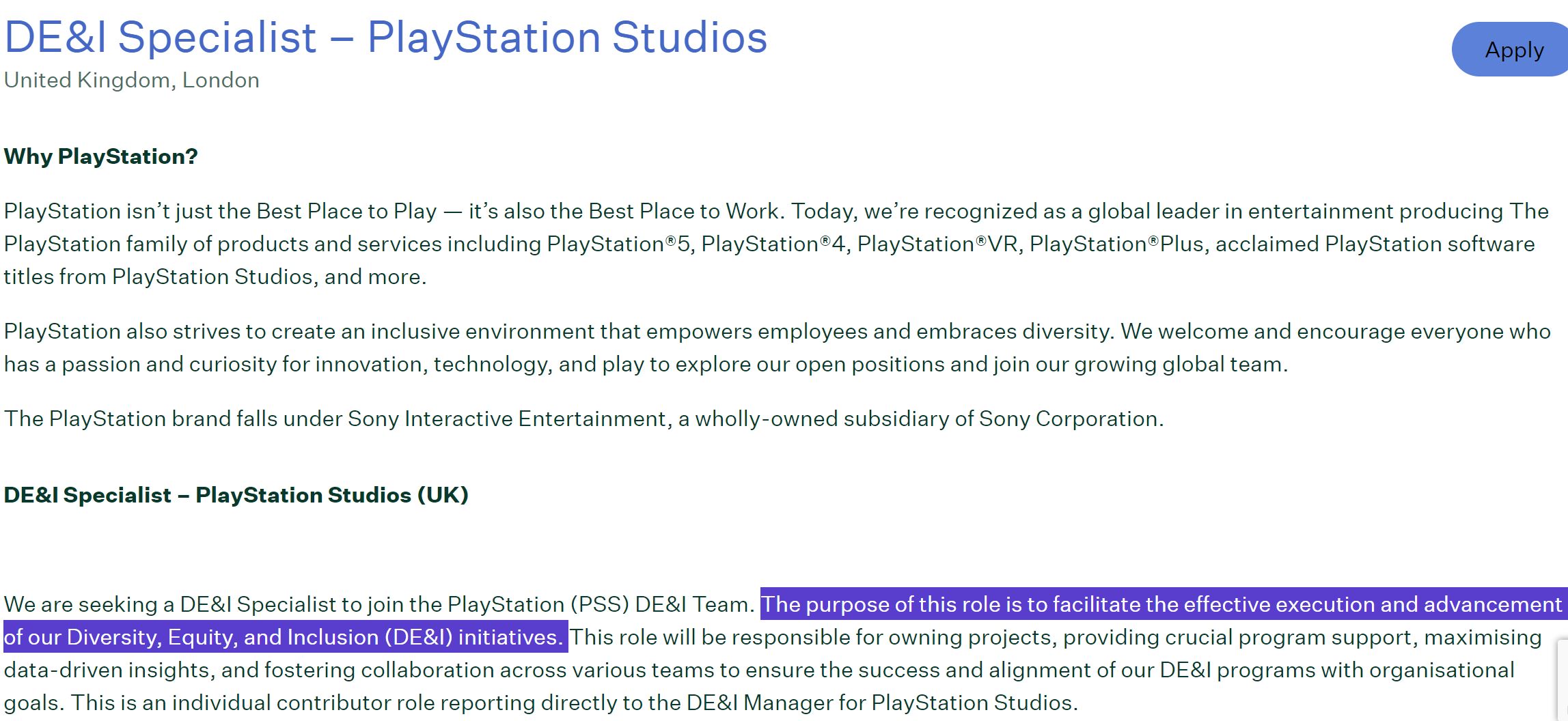 PlayStation DE&I Job Listing