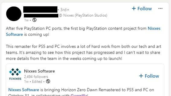 An unnamed Horizon Zero Dawn Remastered dev has teased that PlayStation has more remasters in the works | Image Source: ResetEra