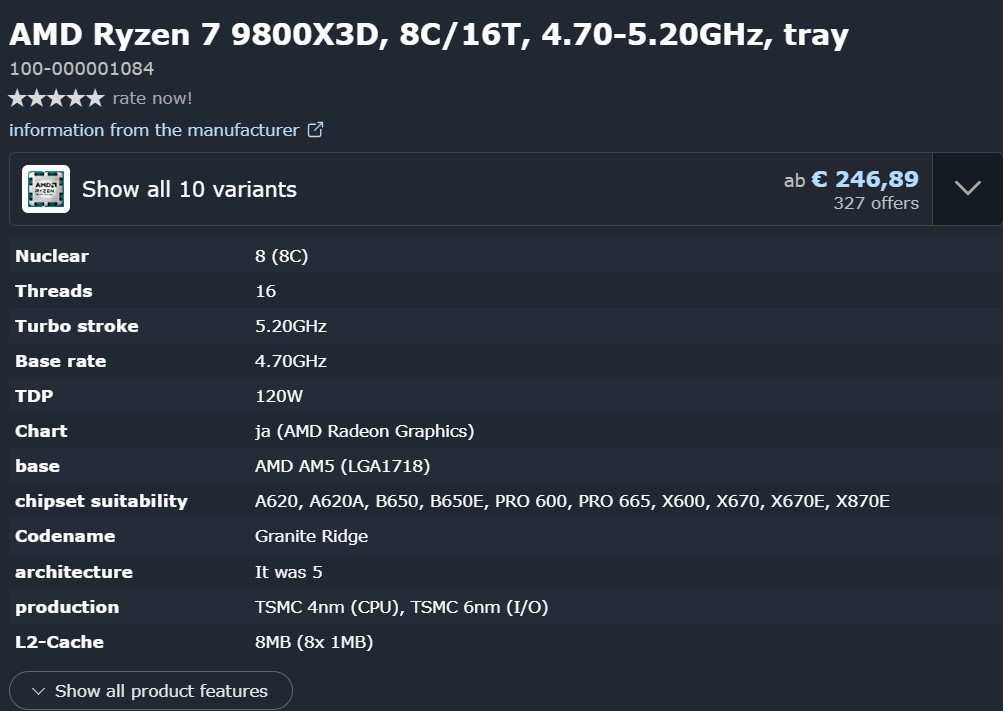 Ryzen 7 9800X3D Specs Leaked