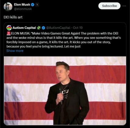 'DEI Kills Art; Make Video Games Great Again,' Says Elon Musk