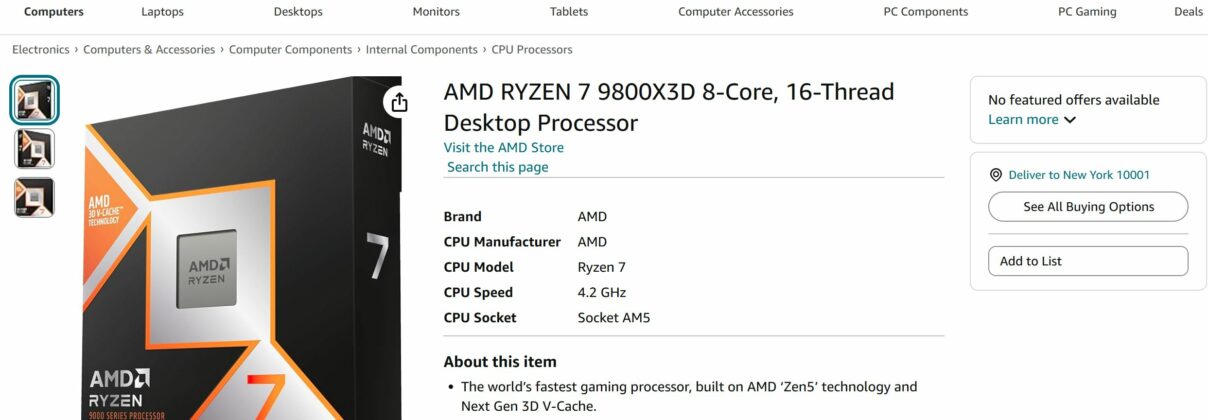 AMD Ryzen 7 9800X3D On Amazon