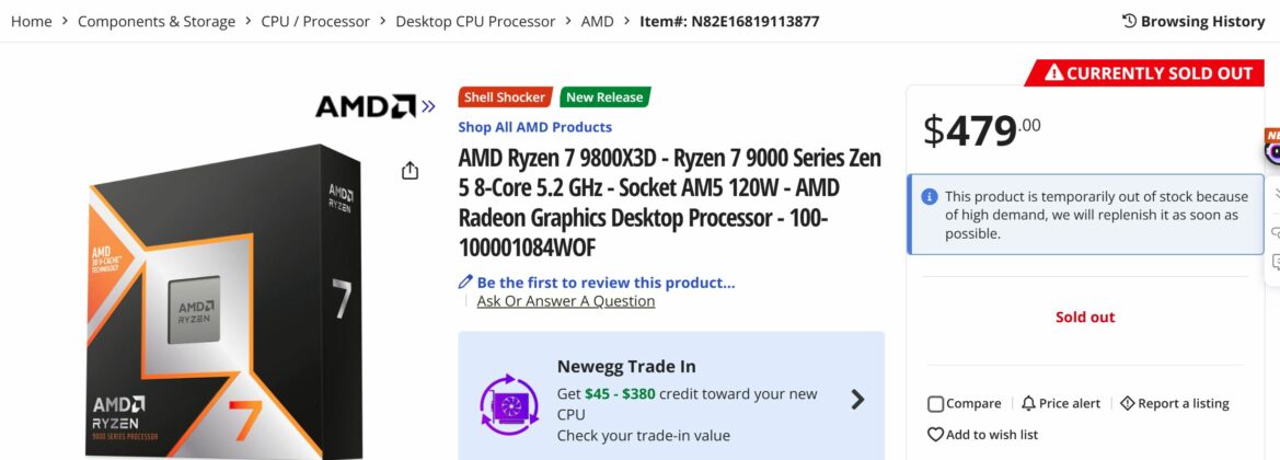 AMD Ryzen 7 9800X3D On Newegg