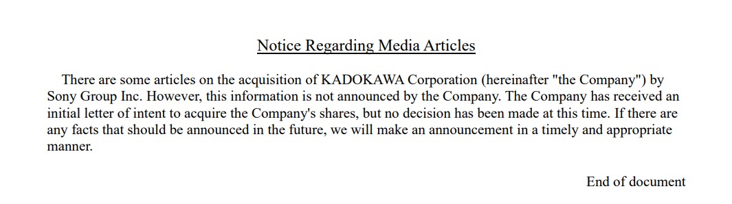 Kadokawa Official Statement