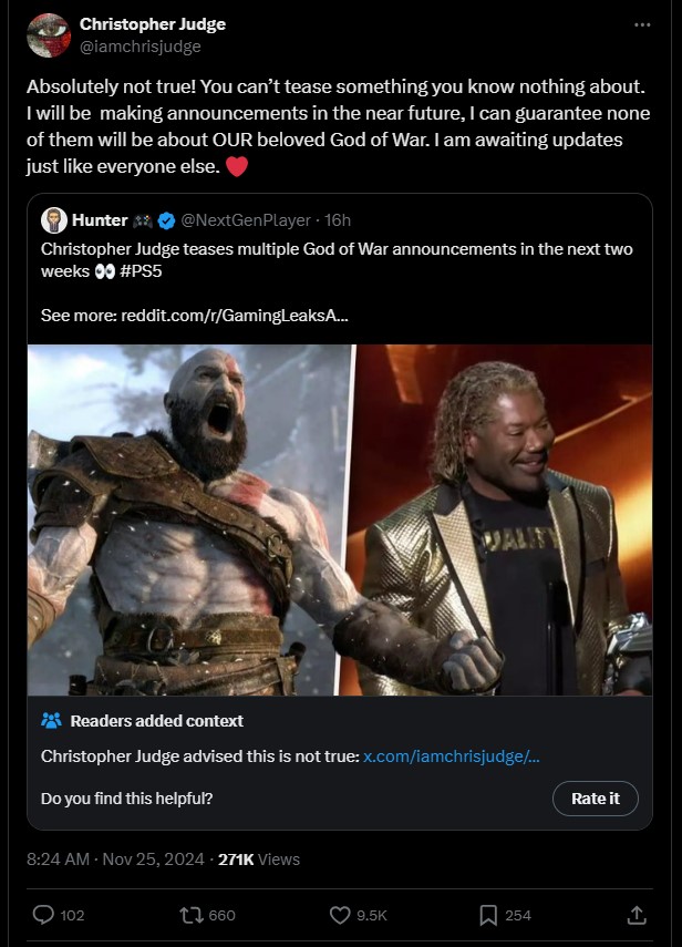 Kratos actor Christopher Judge took to Twitter to debunk the brewing rumors regarding new GoW announcements.