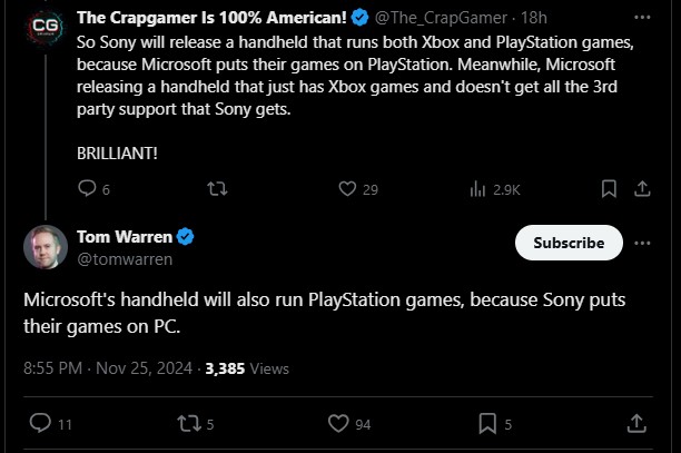 Tom Warren claims that PlayStation games will run on the Xbox portable because Sony also releases games on PC.