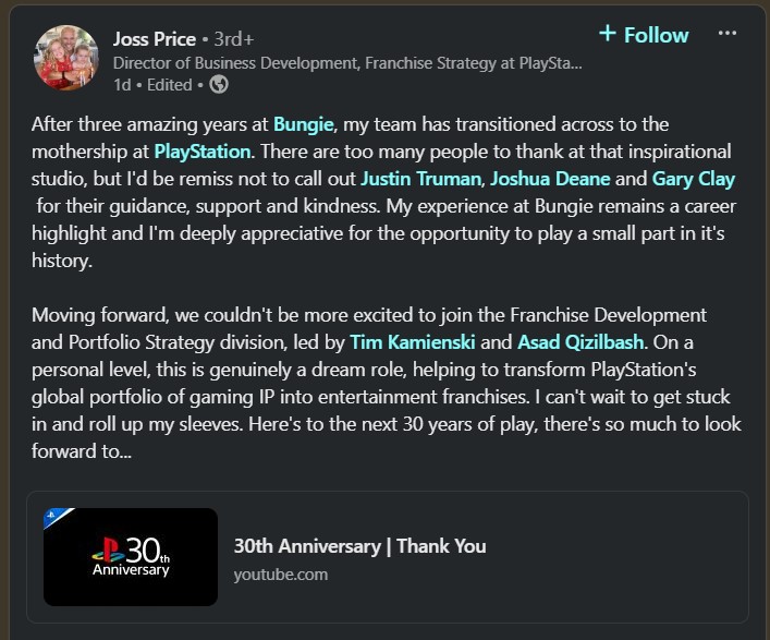 Bungie's whole strategic partnership team has now switched over to a PlayStation division.