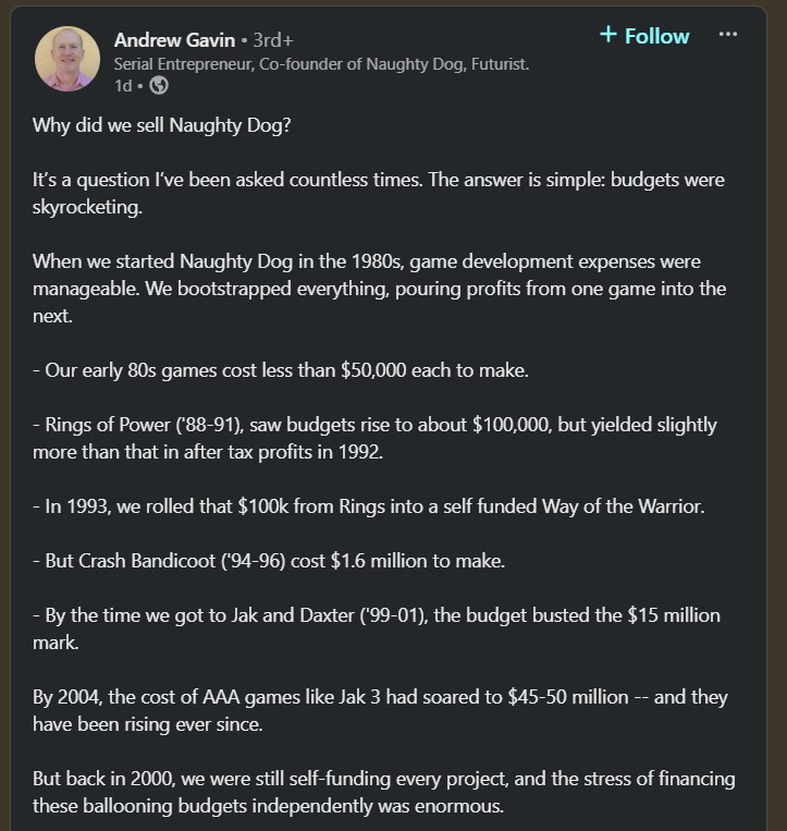 Naughty Dog co-creator Andrew Gavin explains that selling to Sony was the only way it could keep producing AAA titles.