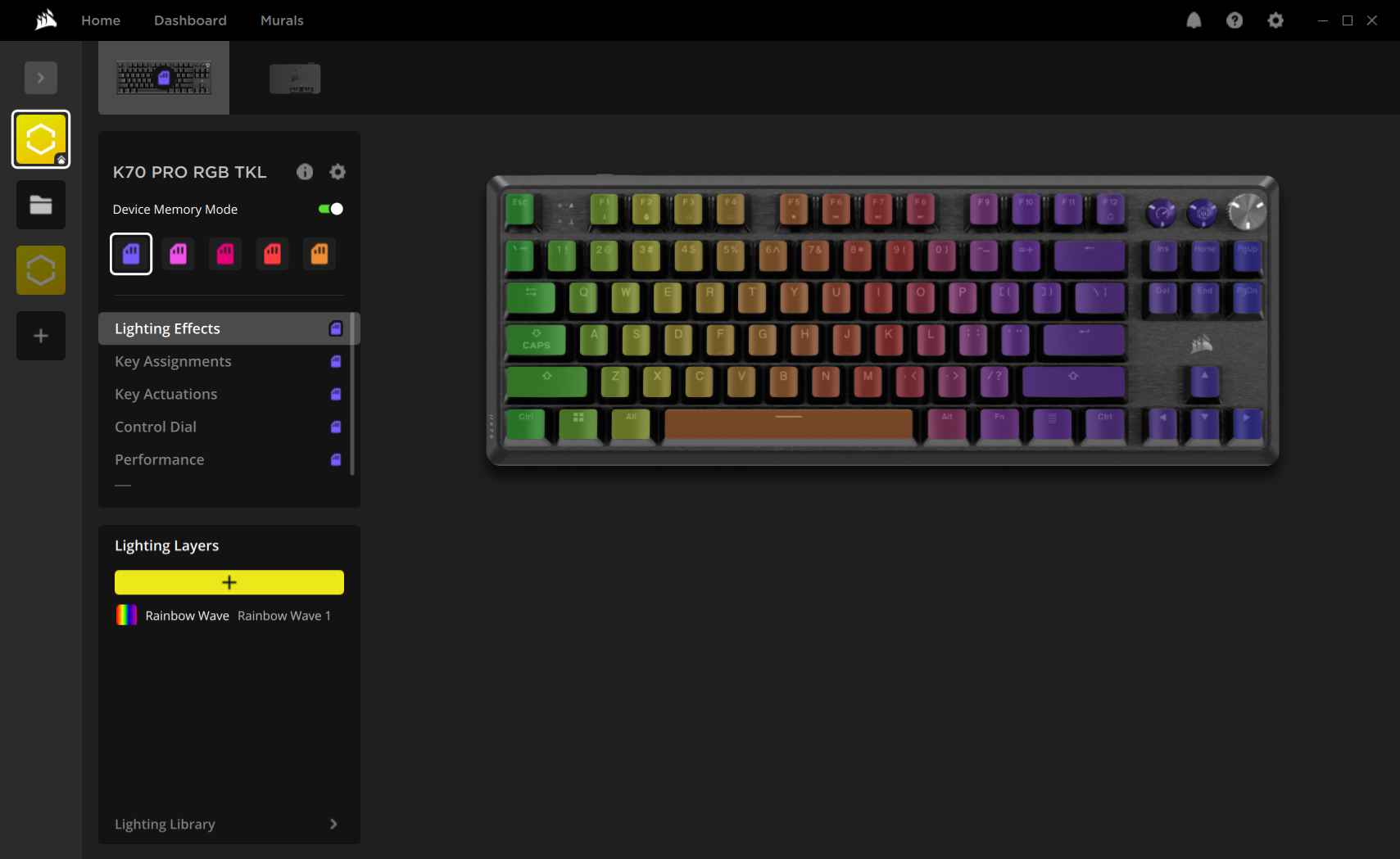 The iCUE homepage for the Corsair K70 Pro TKL