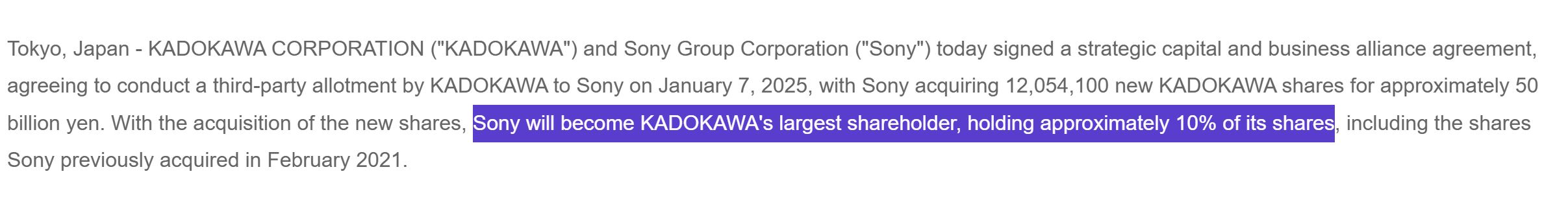 Sony Owns Kadokawa Shares