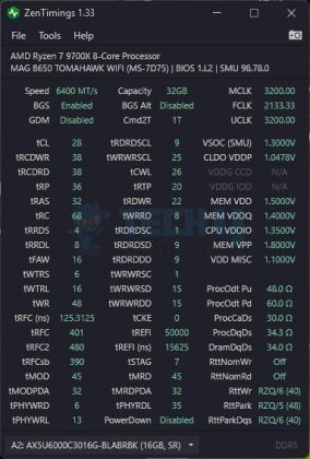 RAM kit specifications in ZenTimings