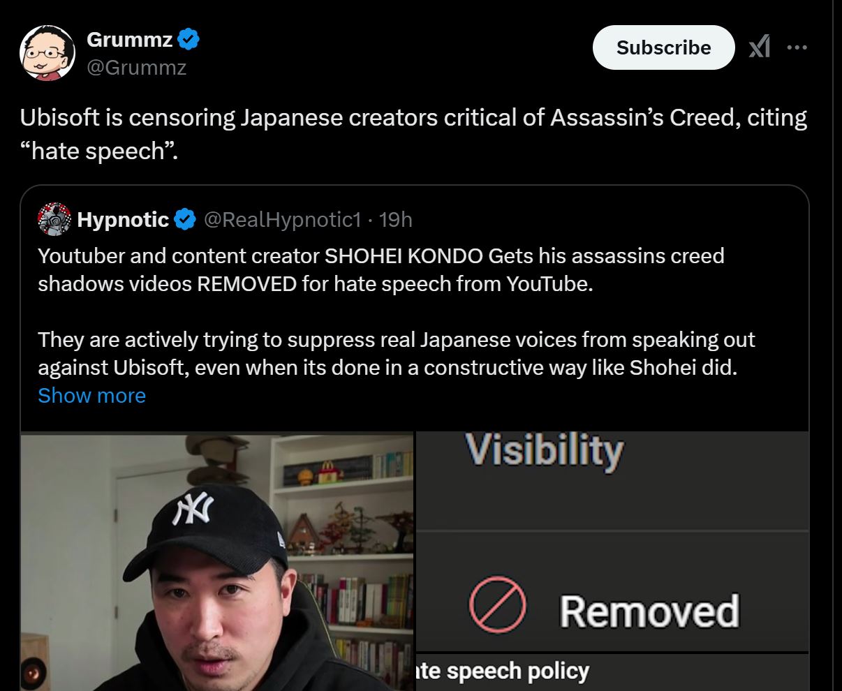 Assassin's Creed Shadows Hate Speech Video Removal