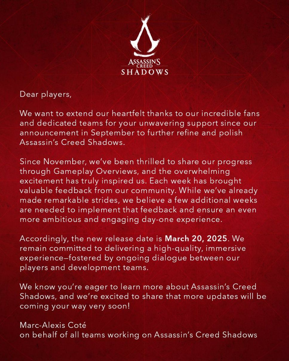 Assassin's Creed Shadows Delayed Again