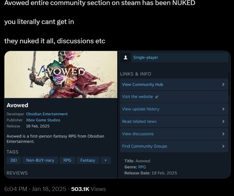 Avowed Community Hub On Steam Nuked