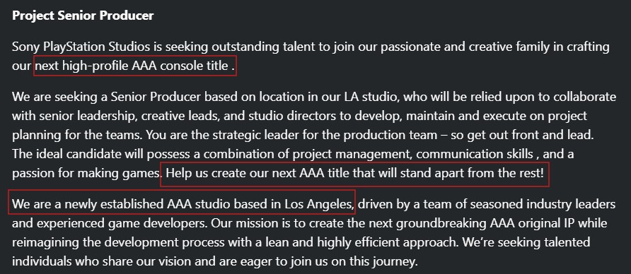 Sony has established a new internal game studio in LA to create a new IP.