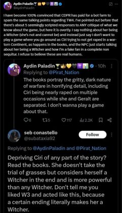 The Twitter user claims CDPR is using a bot farm that spams the same talking points against any Witcher 4 arguments.