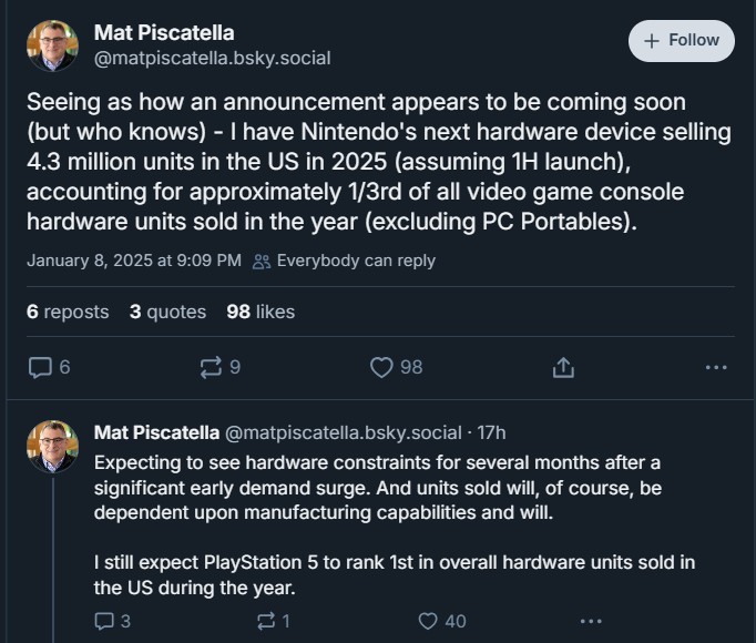 The analyst Mat Piscatella claims that PS5 US hardware sales this year won't be surpassed by Switch 2.