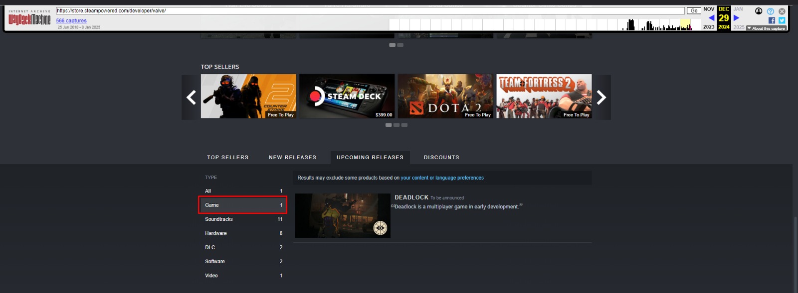 Valve's Steam page showed one upcoming release before it was updated on Dec 29.