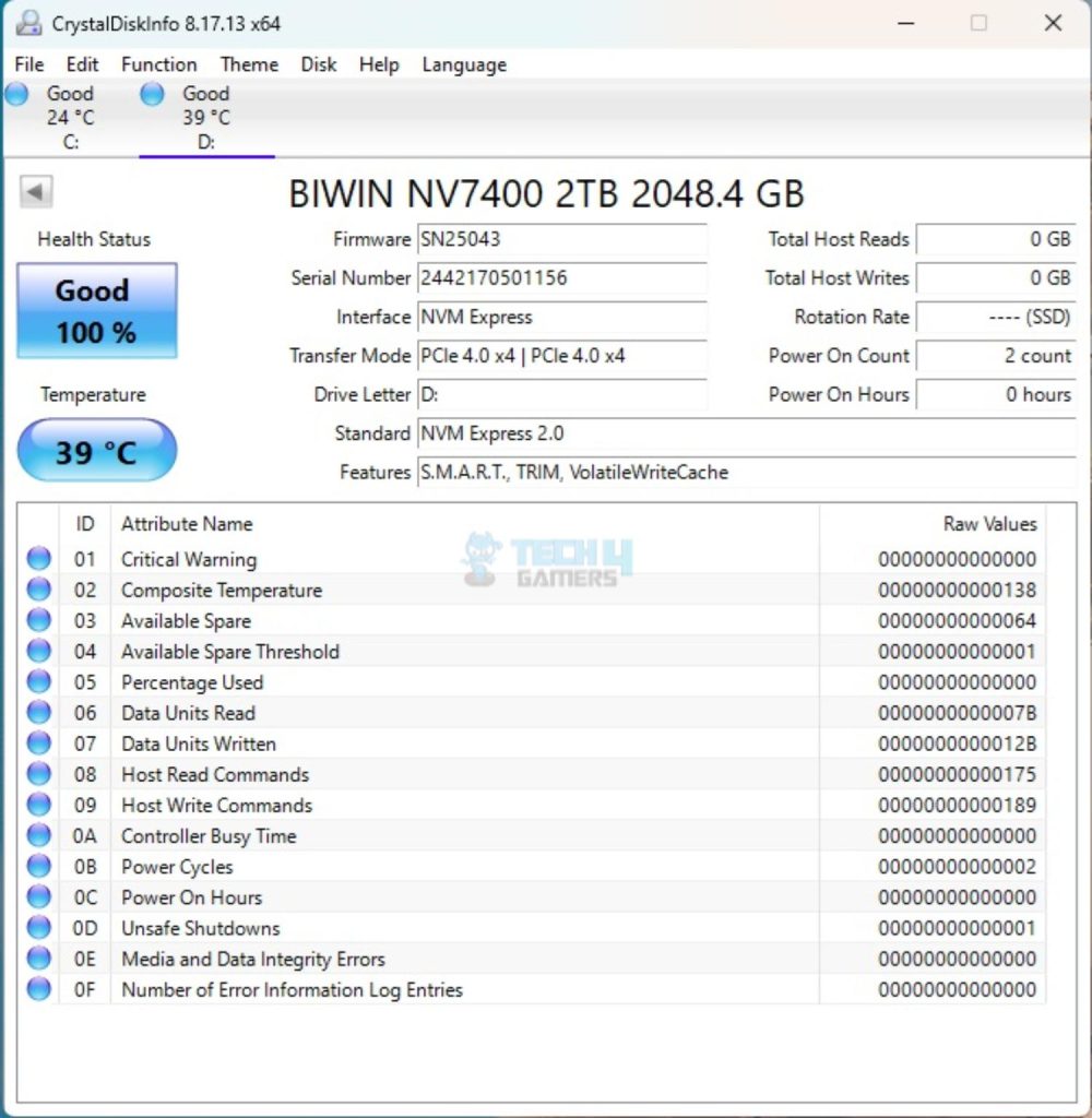 Biwin NV7400 2TB NVMe SSD — CrystalDiskInfo 1000x102