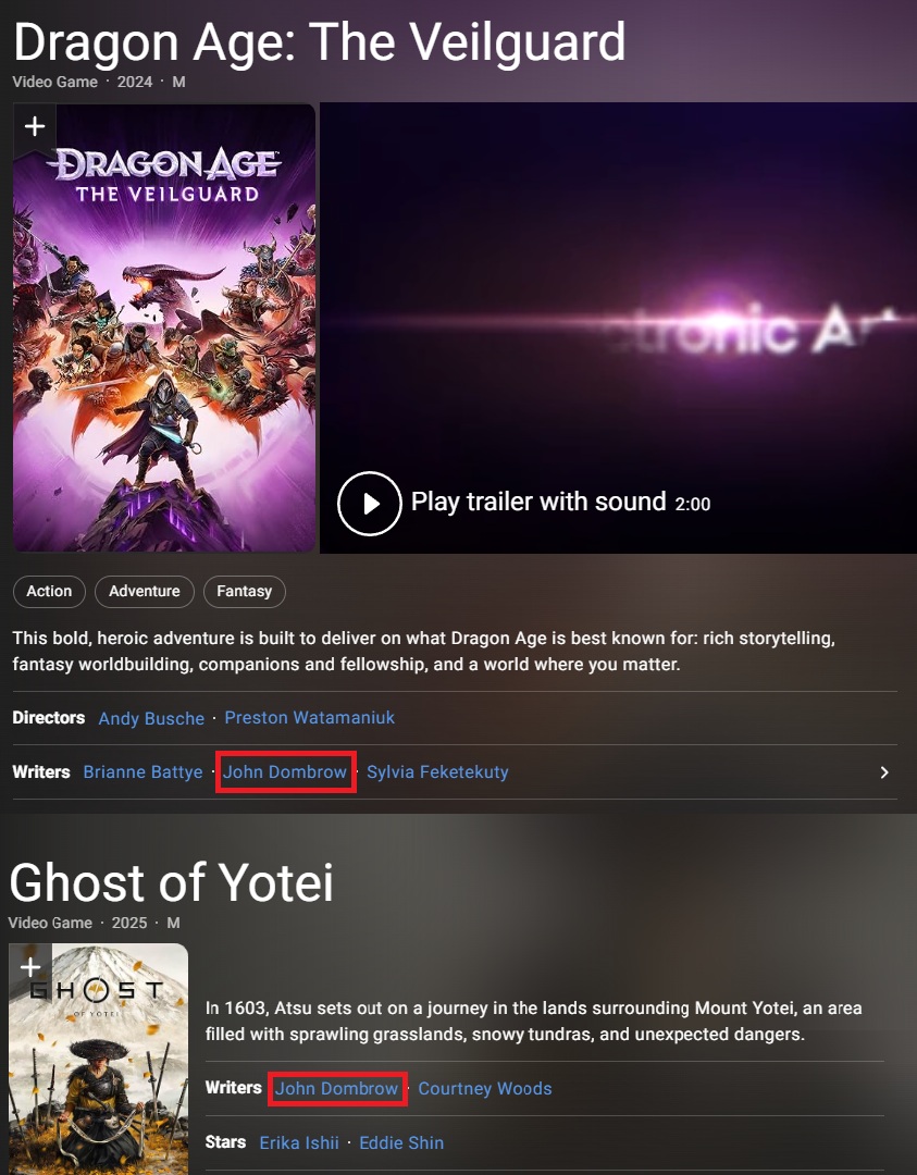 Ghost of Yotei & Dragon Age: The Veilguard Writers via IMDB