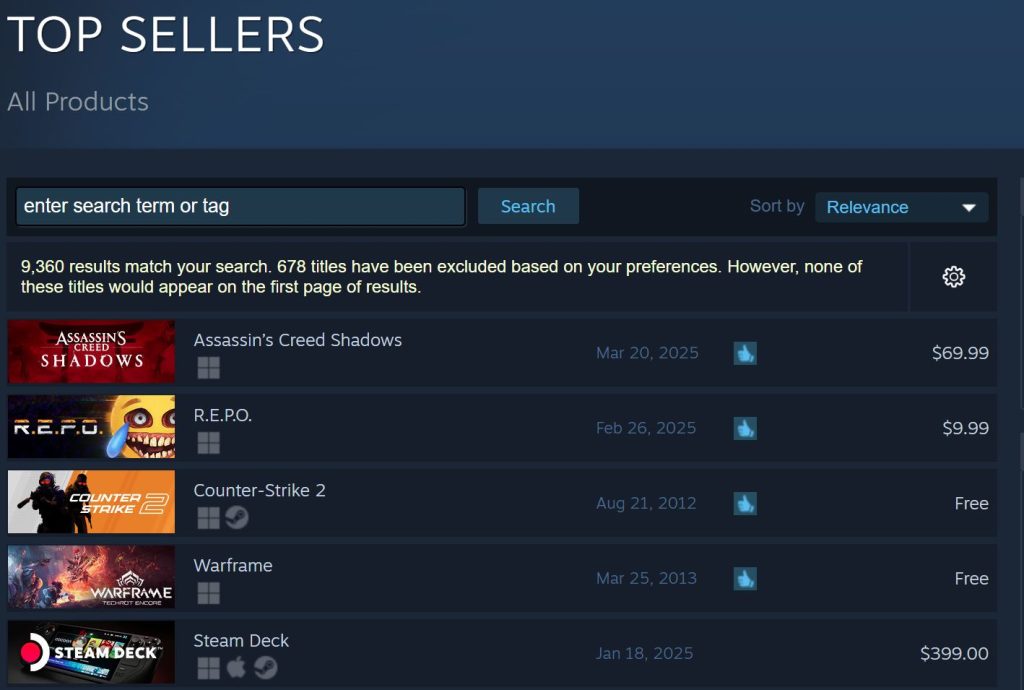 Assassin's Creed Shadows Steam Best-Sellers