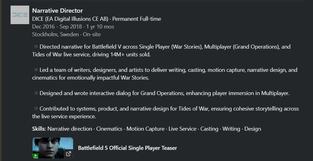 Battlefield 5 narrative director confirms the FPS sold over 14 million copies.