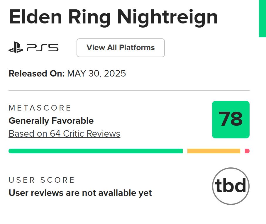 Elden Ring Nightreign Metacritic Score