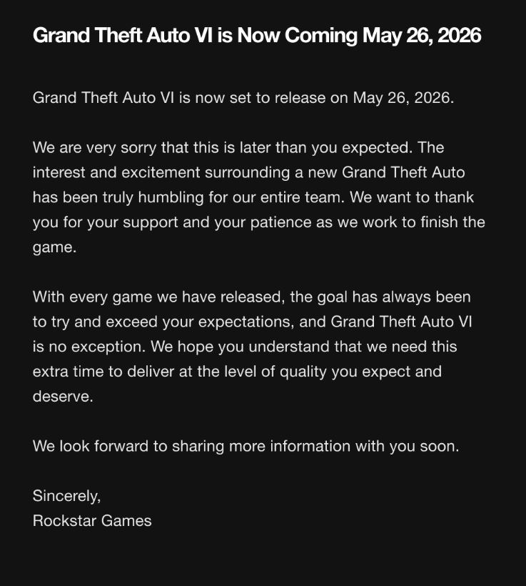 GTA 6 Delayed To 2026