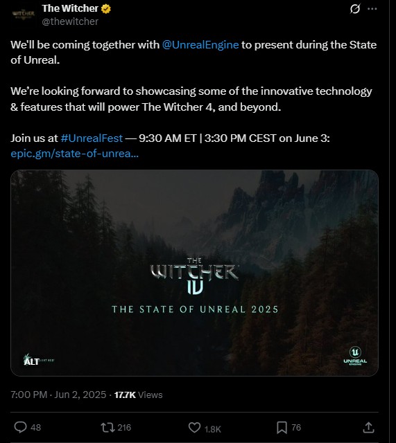 CD Projekt Red will show The Witcher 4 in the State of Unreal event this year.