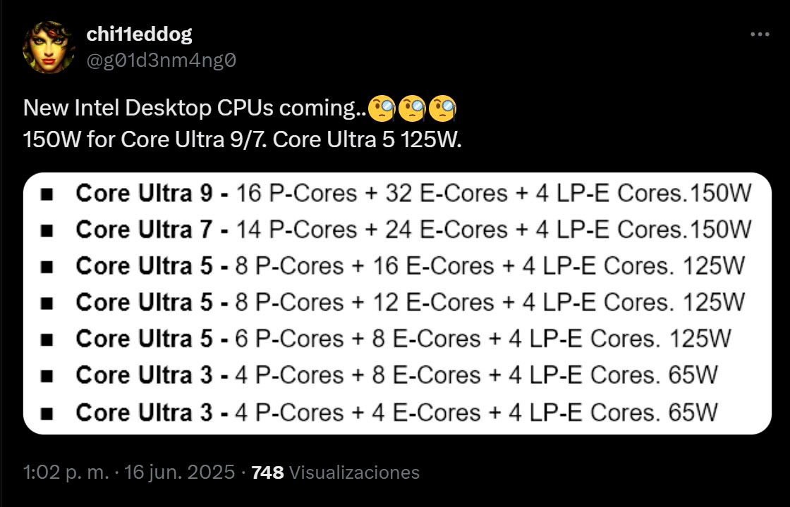 CPU Intel Nova Lake Core-Ultra-9 7 5 3 configuration