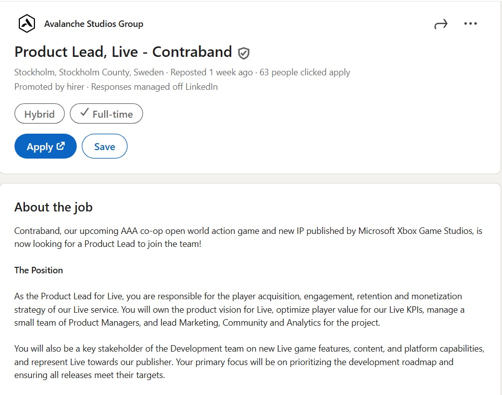 Avalanche Studios Contraband Job Listing
