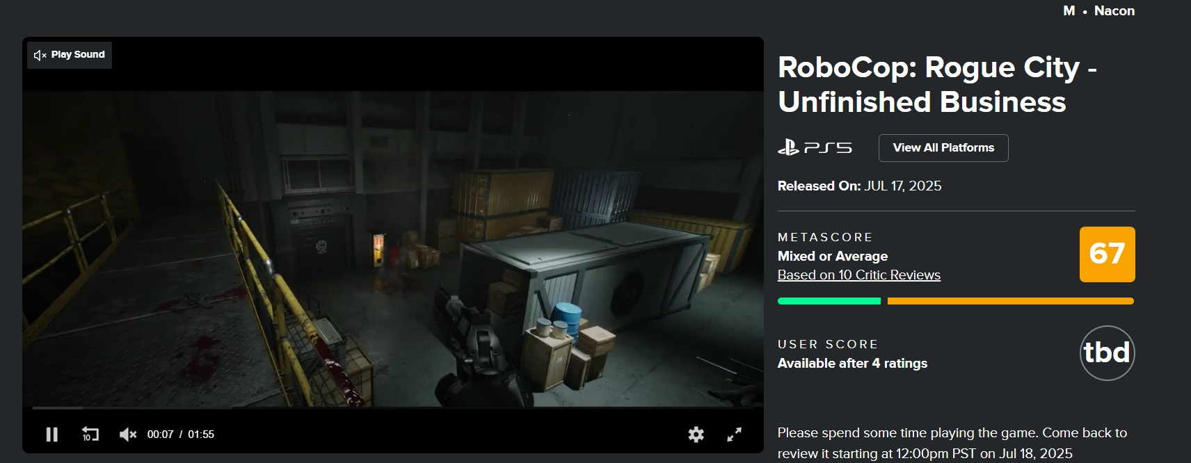 RoboCop Unfinished Business' Metacritic score is worse than the original game at the moment.