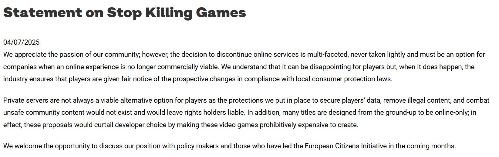 Statement on Stop Killing Games
