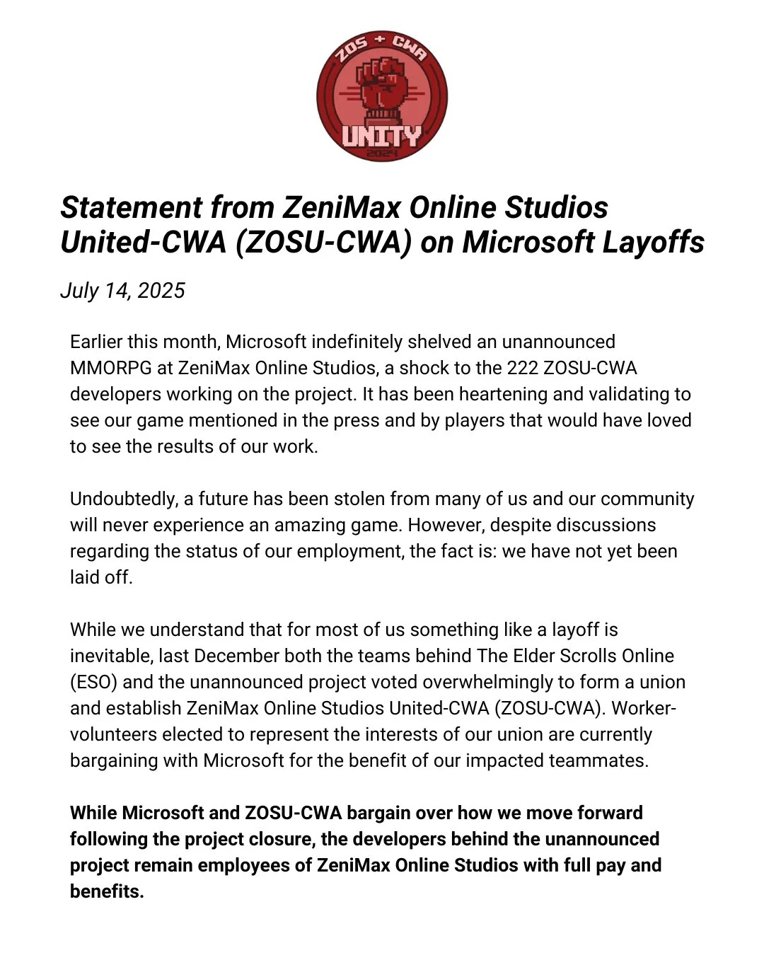 ZeniMax Online Studios Union