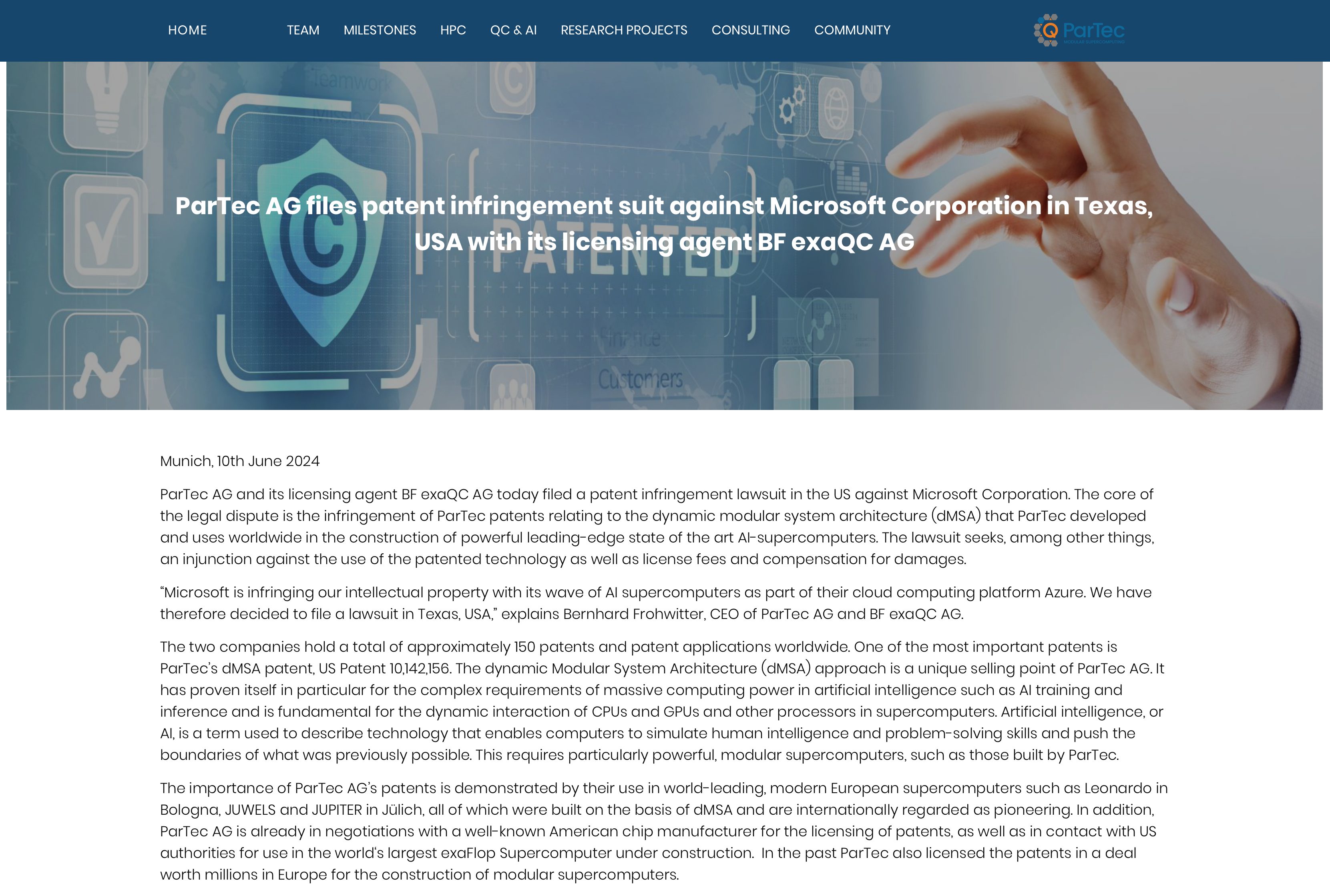 ParTec's official announcement of its lawsuit against Microsoft. (Image Credits - ParTec)