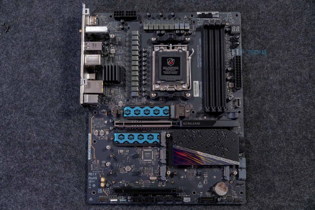 ASRock Phantom Gaming X870 Nova WiFi motherboard with heatsinks removed