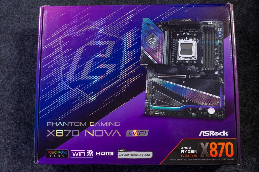The box of the ASRock Phantom Gaming X870 Nova WiFi motherboard