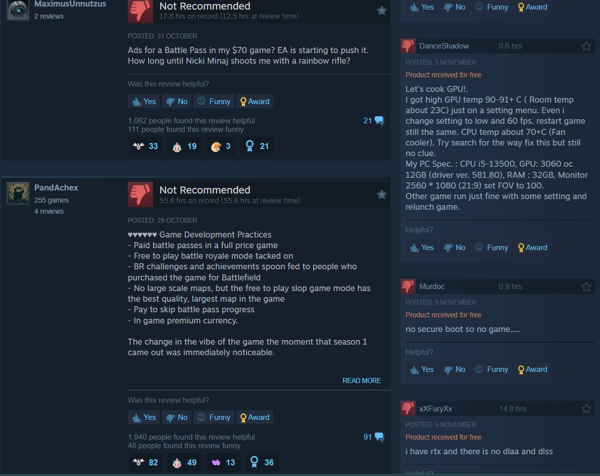 Battlefield 6 Steam Negative Reviews