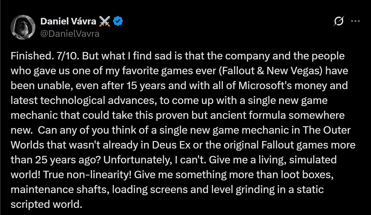 Kingdom Come Deliverance 2 Dev on The Outer Worlds 2 From Obsidian