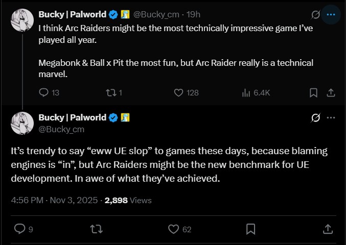 Palworld developer has praised Arc Raiders for being technically impressive.