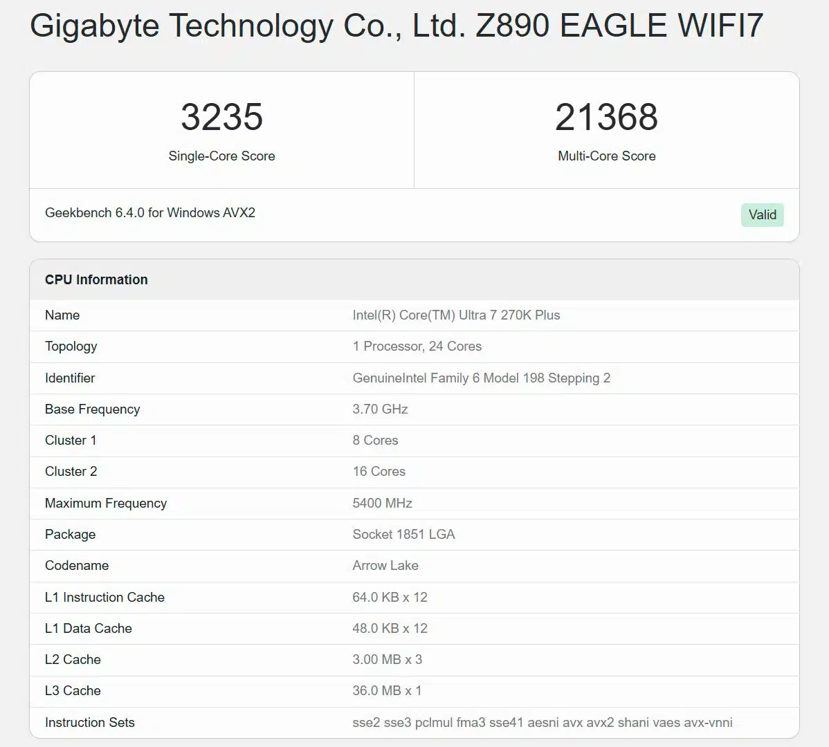 Intel Core Ultra 7 270K Plus Geekbench Specifications