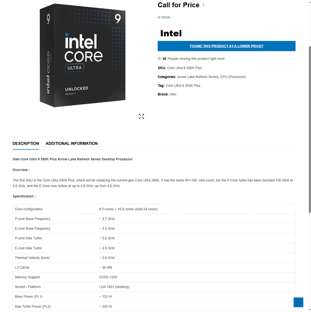 Intel Core Ultra 9 290K Plus listed
