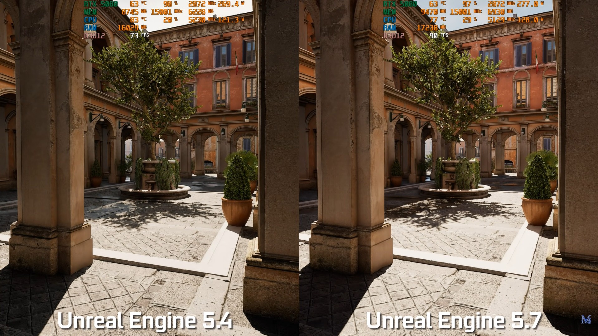 Unreal Engine 5.7 vs. 5.4 image quality comparison