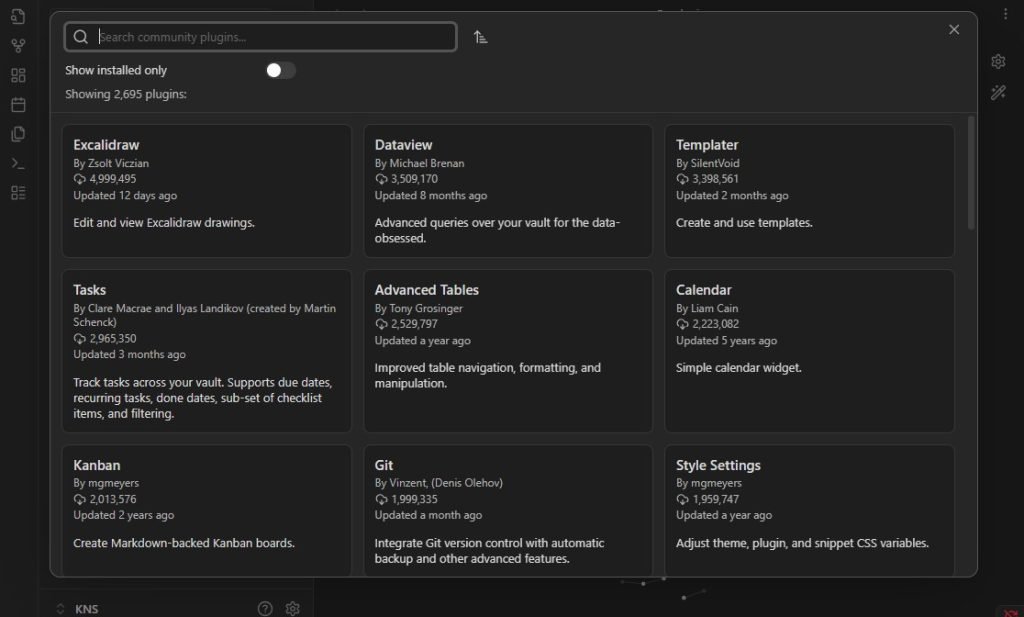 A screenshot showing Obsidian's community plugins page