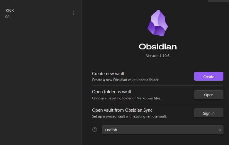A screenshot of Obsidian's home page, asking you to initialize a vault