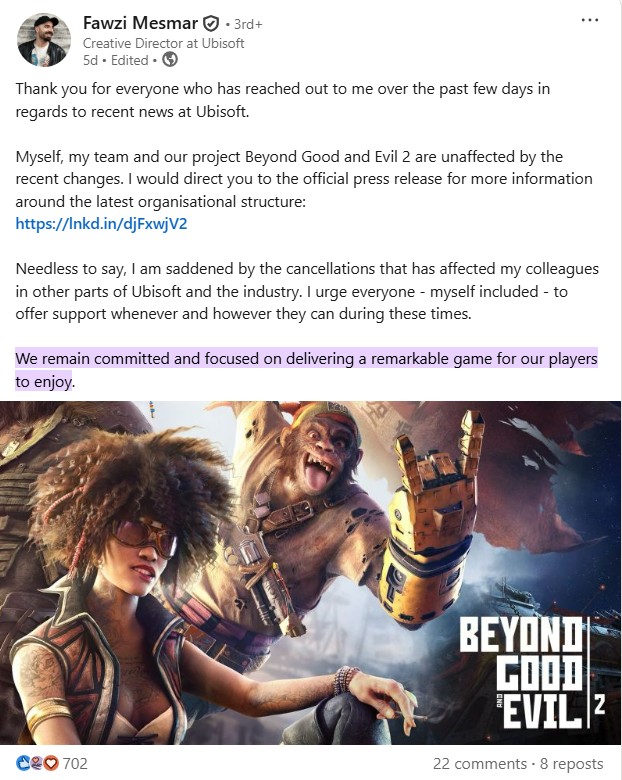 Beyond Good and Evil 2's creative director assures that it is still in development, as gamers worry.
