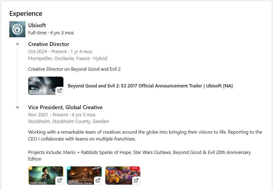 He has led the creative direction of the game since at least October 2024.