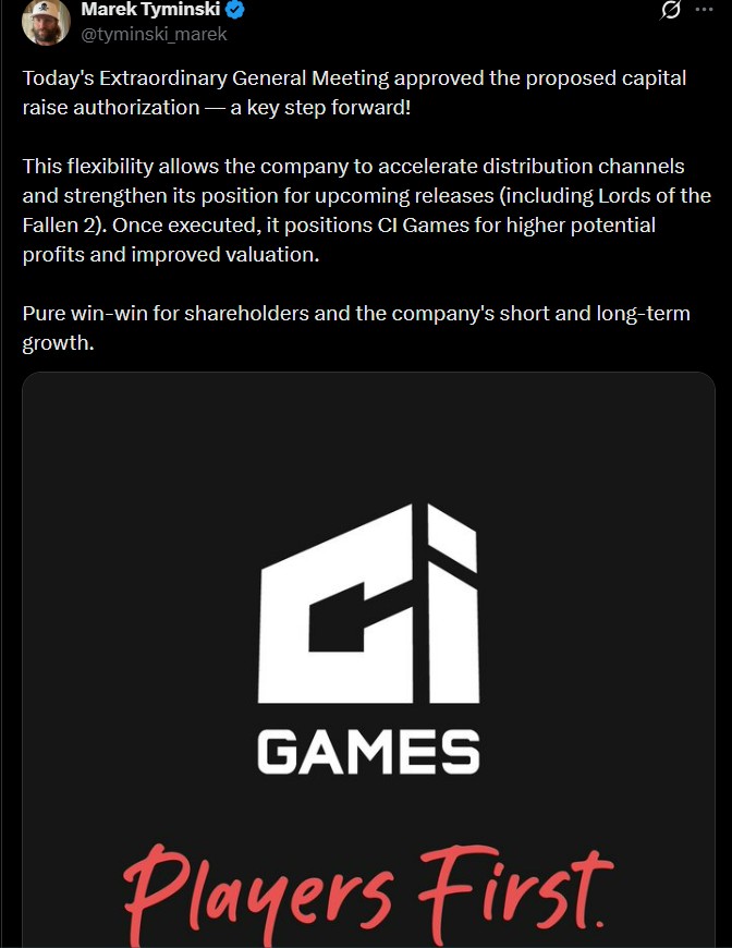 CI Games has secured raised capital allowance for The Lords of the Fallen 2.